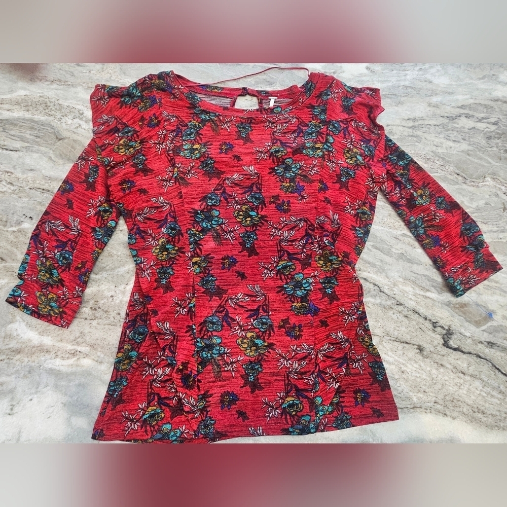 Free People Red Floral Open Back Knit Top Small P Long Sleeve Boho Stretch